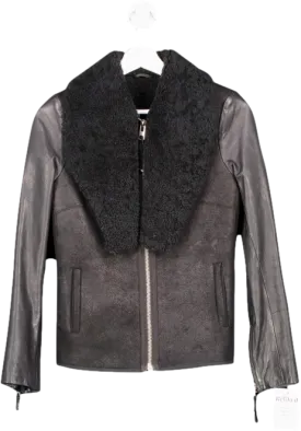 AllSaints Black Suede Jacket With Leather Sleeve, Wool Collar UK 4