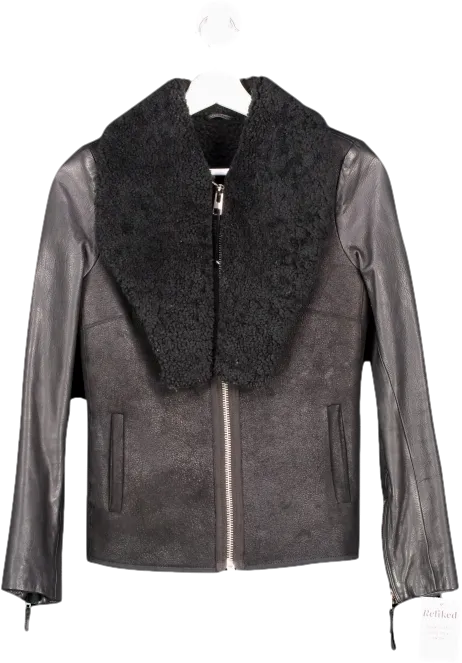 AllSaints Black Suede Jacket With Leather Sleeve, Wool Collar UK 4