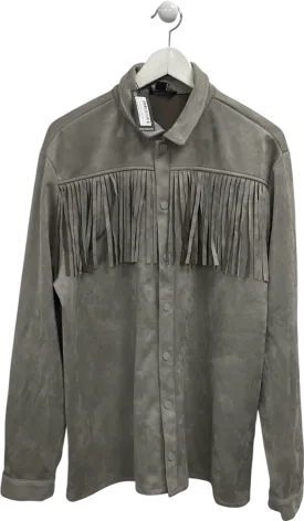 boohooMan Grey Faux Suede Fringe Overshirt UK L