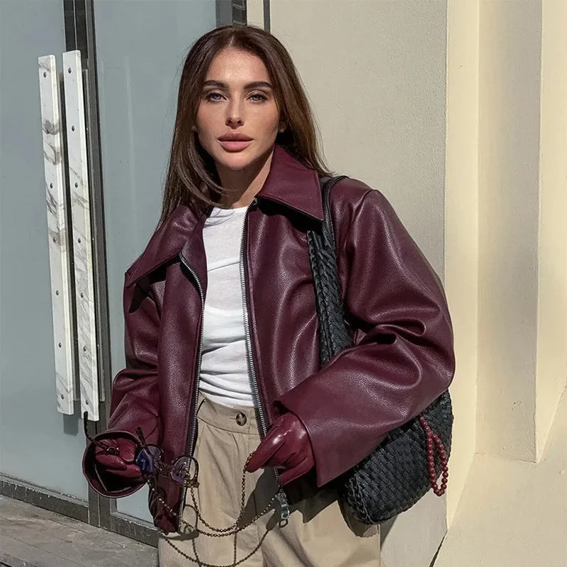 Elegant Burgundy Faux Leather Jacket – A Chic Streetwear Essential