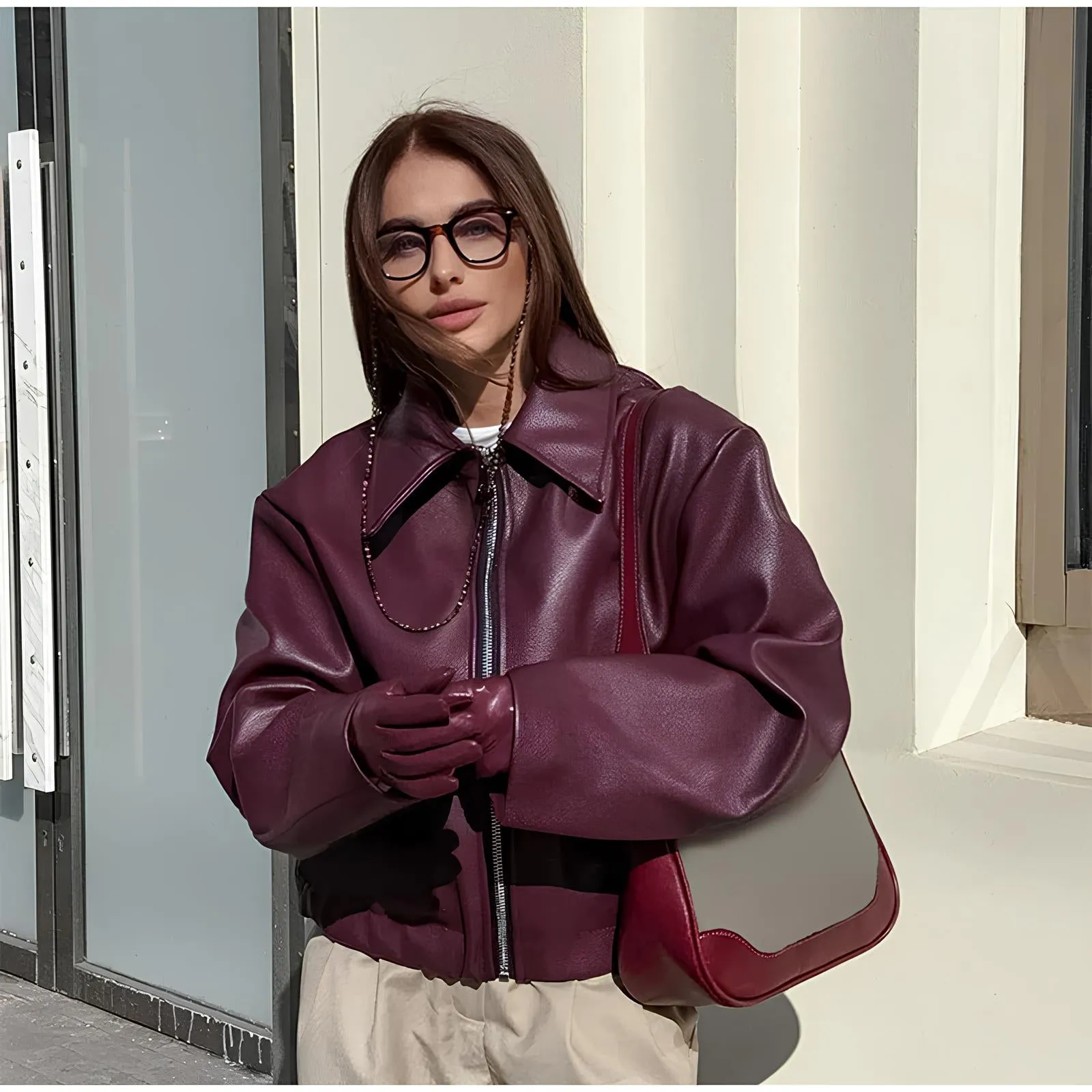 Elegant Burgundy Faux Leather Jacket – A Chic Streetwear Essential