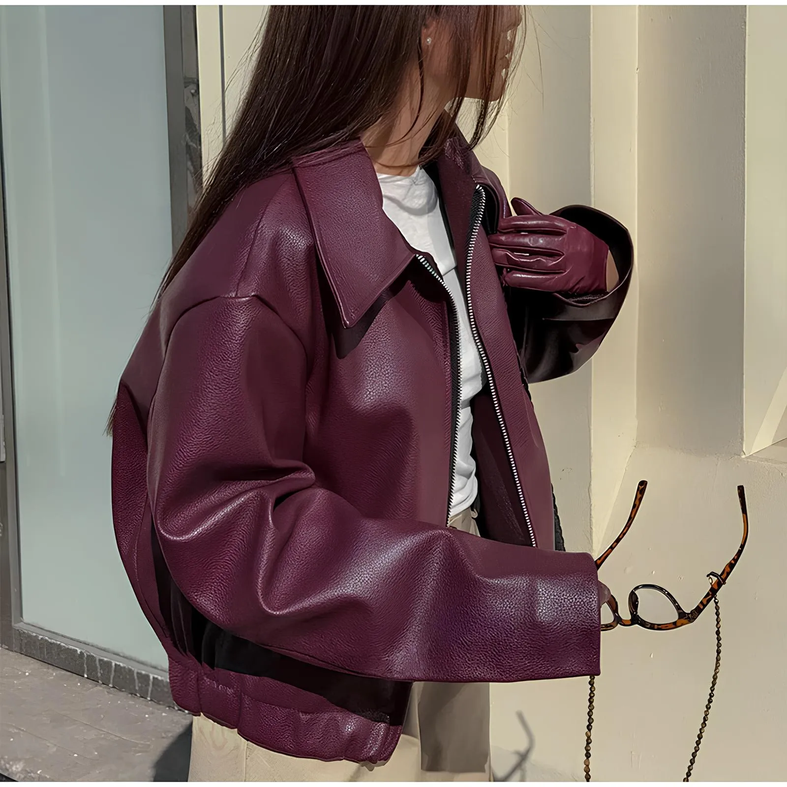 Elegant Burgundy Faux Leather Jacket – A Chic Streetwear Essential