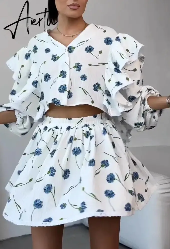Home Suit Women Pajamas Cotton Linen Top Skirt Set Summer Strawberry Pattern Ruffle Long Sleeve Button Blouse Mini Skirt Outfits