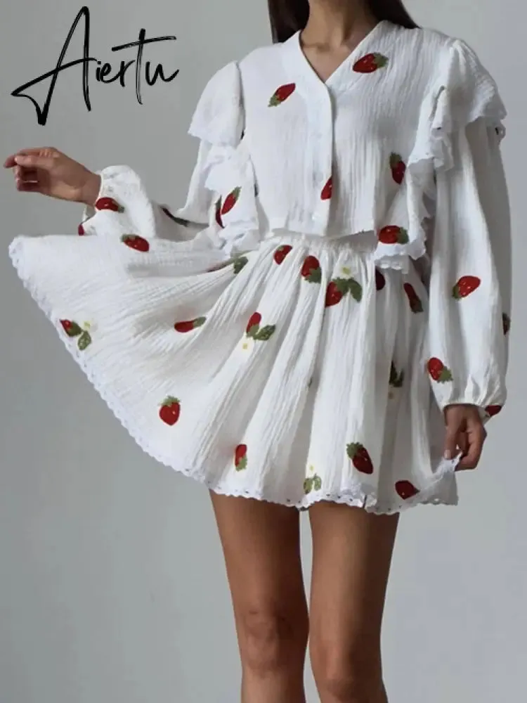 Home Suit Women Pajamas Cotton Linen Top Skirt Set Summer Strawberry Pattern Ruffle Long Sleeve Button Blouse Mini Skirt Outfits