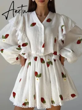 Home Suit Women Pajamas Cotton Linen Top Skirt Set Summer Strawberry Pattern Ruffle Long Sleeve Button Blouse Mini Skirt Outfits