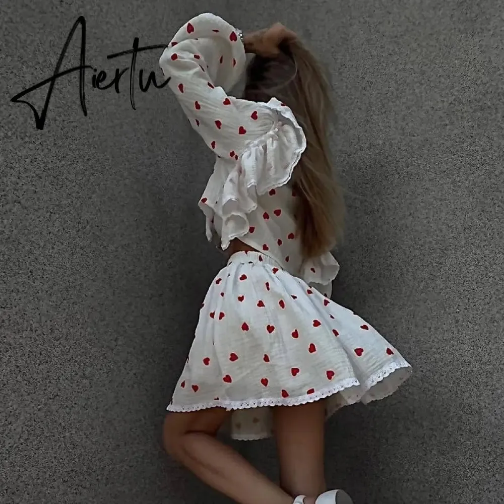 Home Suit Women Pajamas Cotton Linen Top Skirt Set Summer Strawberry Pattern Ruffle Long Sleeve Button Blouse Mini Skirt Outfits