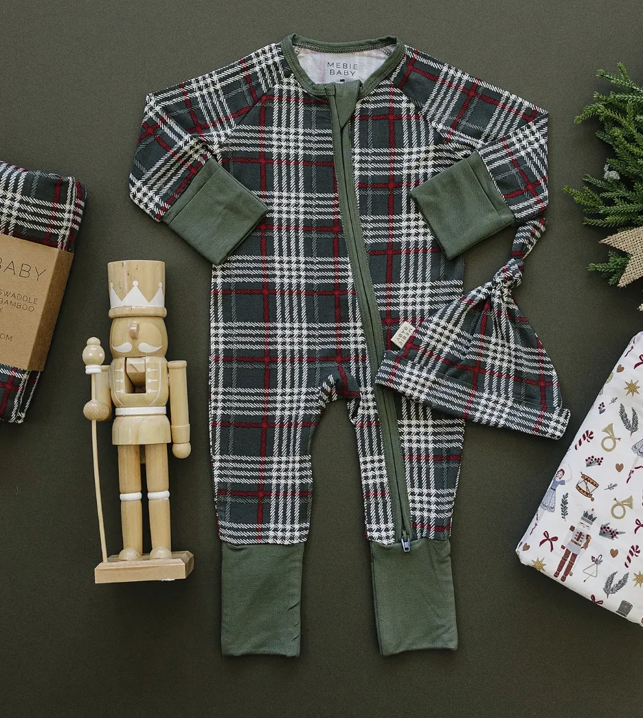 Mebie Baby - Bamboo Zip Romper in Green Plaid