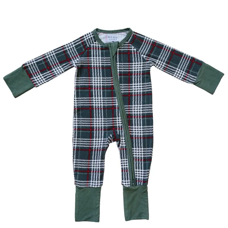 Mebie Baby - Bamboo Zip Romper in Green Plaid