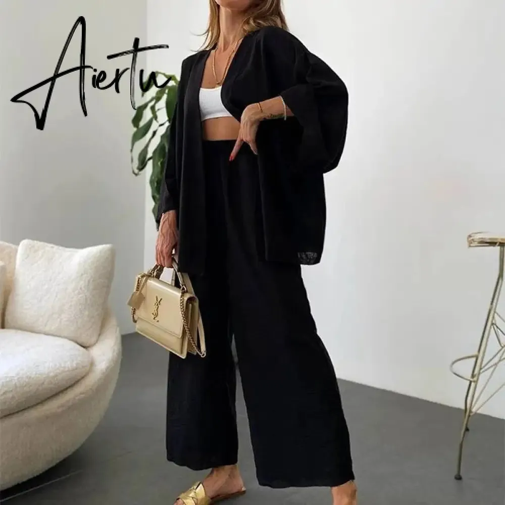 Women Cotton Linen 2 Pieces Pajamas Set Long Sleeve Cardigan Tops Elastic Wide Leg Pants Suit Loose Sleepwear Set Ladies Outfits