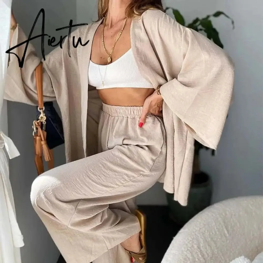 Women Cotton Linen 2 Pieces Pajamas Set Long Sleeve Cardigan Tops Elastic Wide Leg Pants Suit Loose Sleepwear Set Ladies Outfits