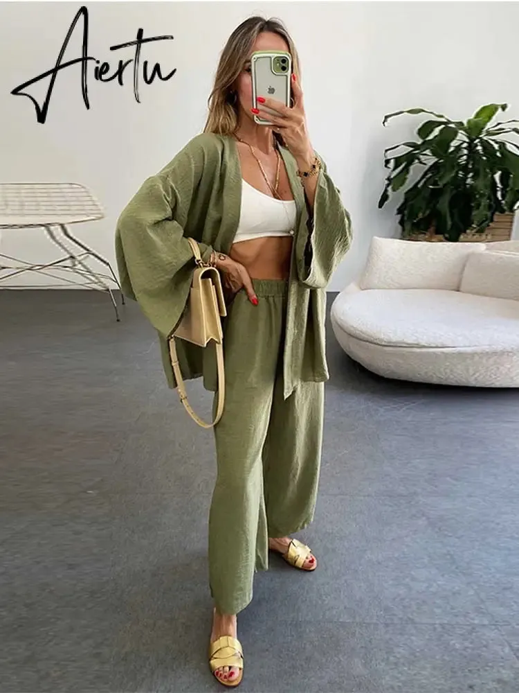Women Cotton Linen 2 Pieces Pajamas Set Long Sleeve Cardigan Tops Elastic Wide Leg Pants Suit Loose Sleepwear Set Ladies Outfits