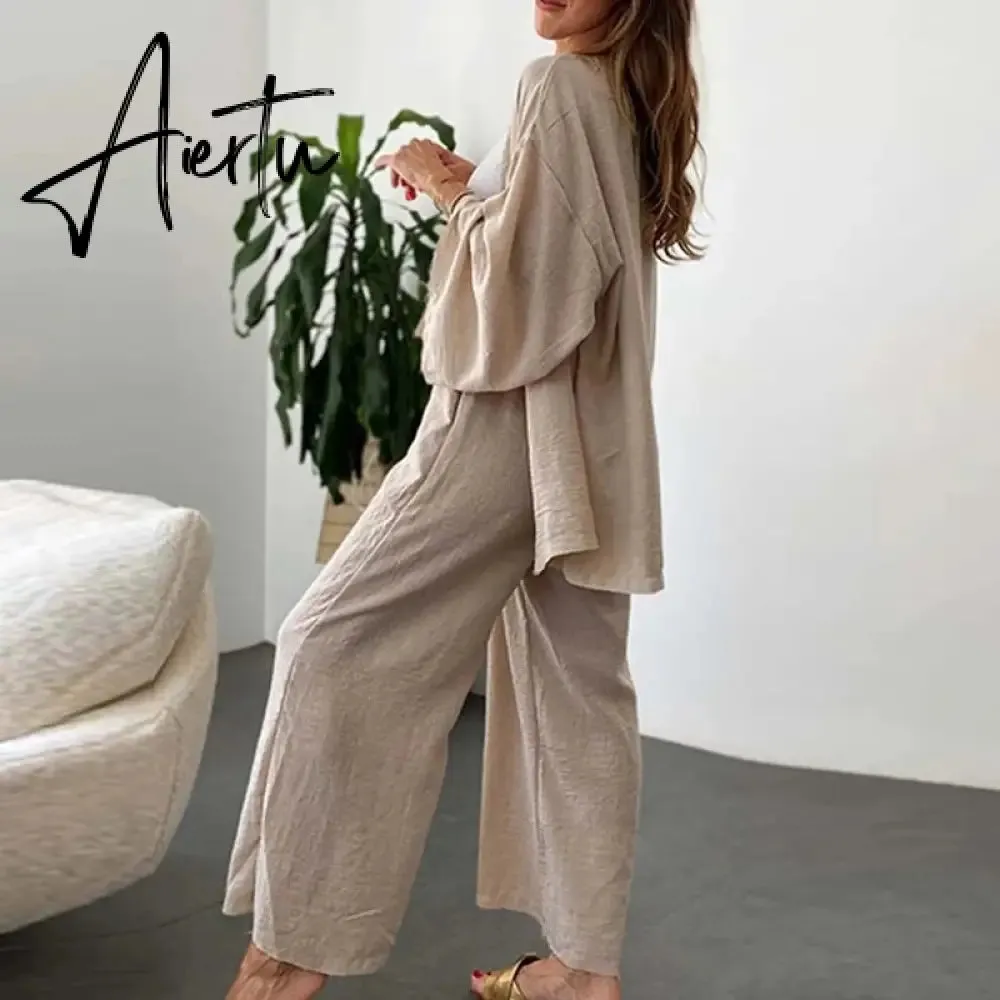 Women Cotton Linen 2 Pieces Pajamas Set Long Sleeve Cardigan Tops Elastic Wide Leg Pants Suit Loose Sleepwear Set Ladies Outfits