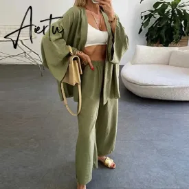 Women Cotton Linen 2 Pieces Pajamas Set Long Sleeve Cardigan Tops Elastic Wide Leg Pants Suit Loose Sleepwear Set Ladies Outfits