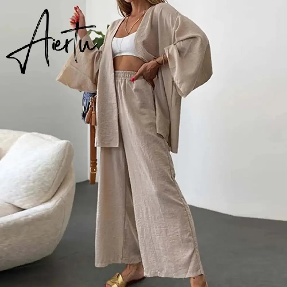 Women Cotton Linen 2 Pieces Pajamas Set Long Sleeve Cardigan Tops Elastic Wide Leg Pants Suit Loose Sleepwear Set Ladies Outfits