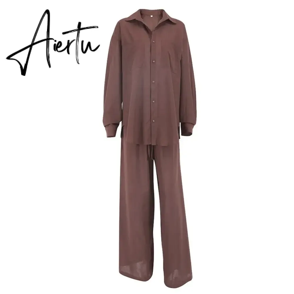 Women Cotton Linen Pajamas Shirt Two Piece Sets Casual Solid Long Sleeve Shirts And Trousers Suit Home Loose Chic Blouse Outfits