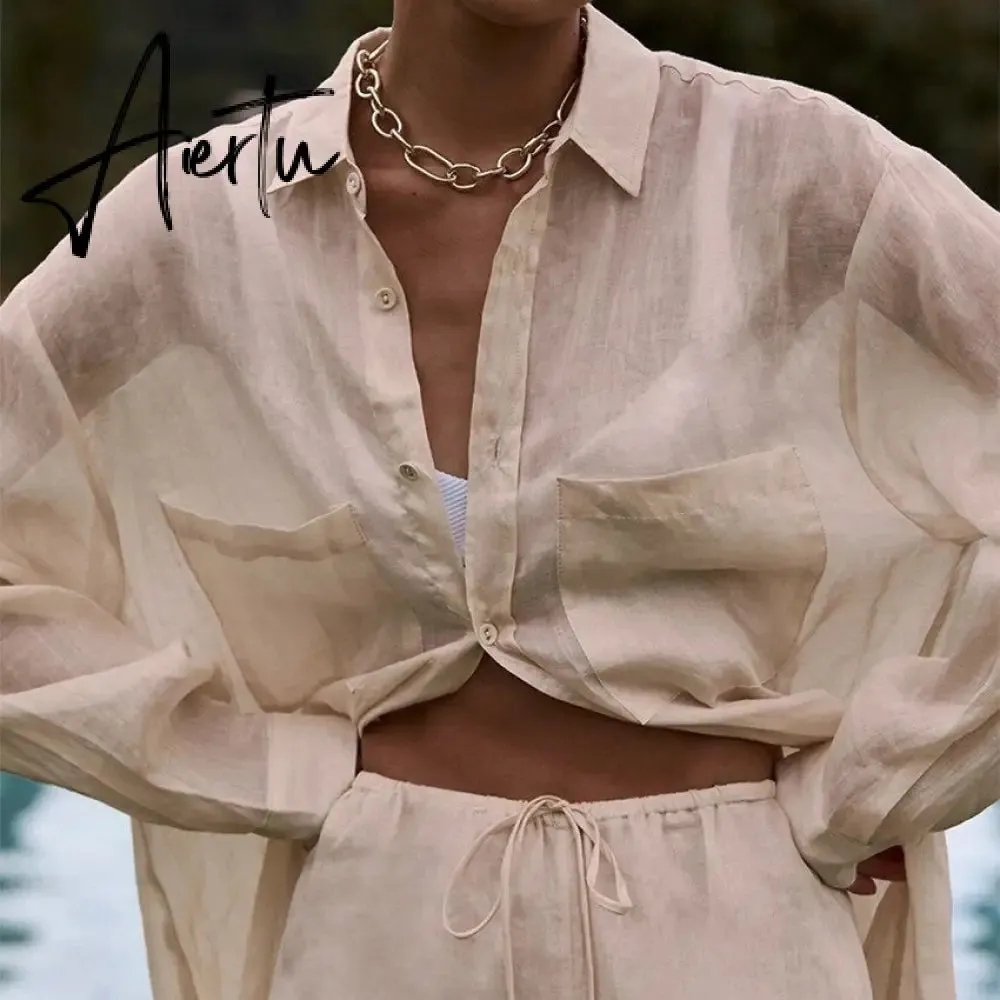 Women Cotton Linen Pajamas Shirt Two Piece Sets Casual Solid Long Sleeve Shirts And Trousers Suit Home Loose Chic Blouse Outfits